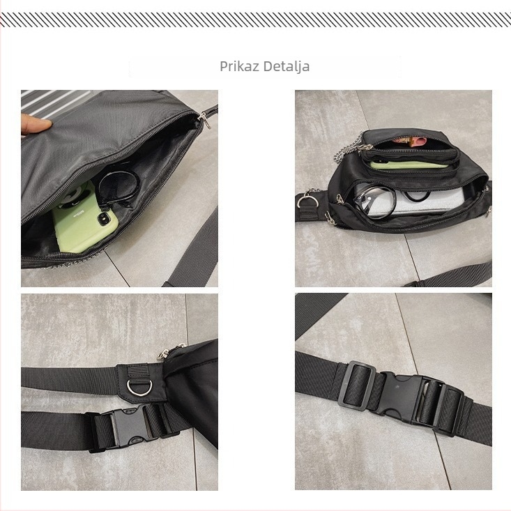 Muška prsna torba s remenom - ulični stil, najlon, zatvarač, horizontalni kvadratni oblik, natpis slovima