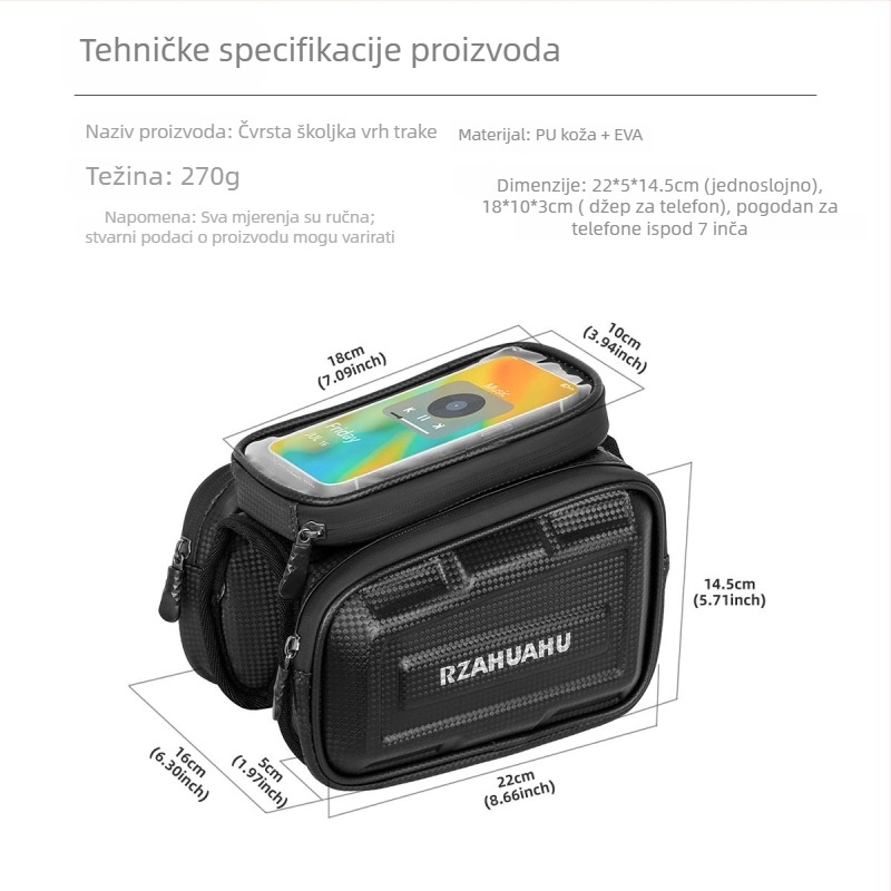 Torba za okvir bicikla, tvrdi kućište, vodootporna, 1.2 L, model YA658, s podlogom