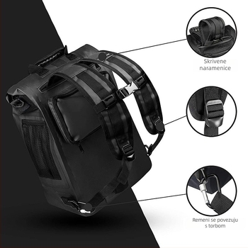 Torba za stražnje sjedalo bicikla, vodootporan PVC, IPX6, kapaciteta 20–23L, s unutarnjom oblogom