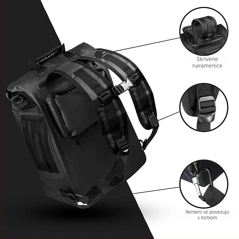 Torba za stražnje sjedalo bicikla, vodootporan PVC, IPX6, kapaciteta 20–23L, s unutarnjom oblogom