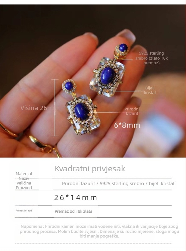Lančić s kvadratnim privjeskom od lazurita i kristala, srebrne ukrase s pozlaćenjem, originalni dizajn, retro stil književnosti i umjetnosti