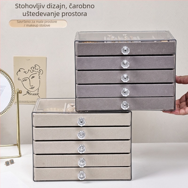 Pet slojeva velur kutija za nakit za naušnice, lančiće i narukvice – otporan na prašinu stolni organizator u japanskom stilu