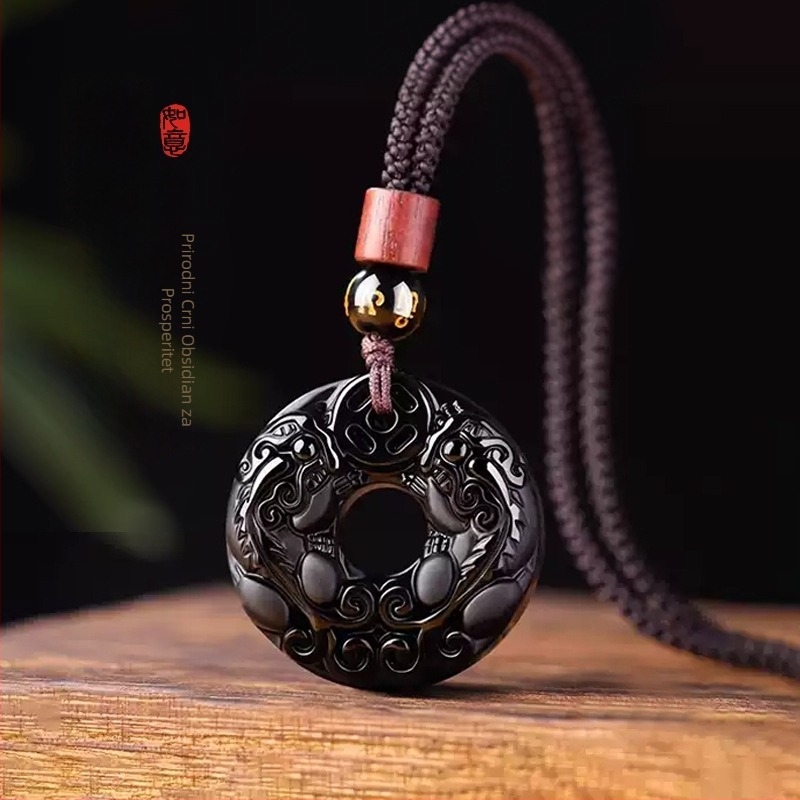Ogrlica s obsidijanskim privjeskom, polirani završetak, kineski stil (literarno retro), Aolan Jewelry, ljeto 2025 izdanje
