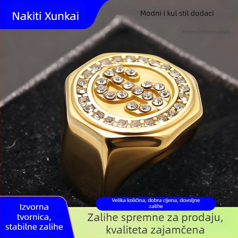 Geometrijski prsten od titan čelika za muškarce – ugravirani rhinestones, 18K žuto zlato, elektroplatina završna obrada, unisex lagani luksuz