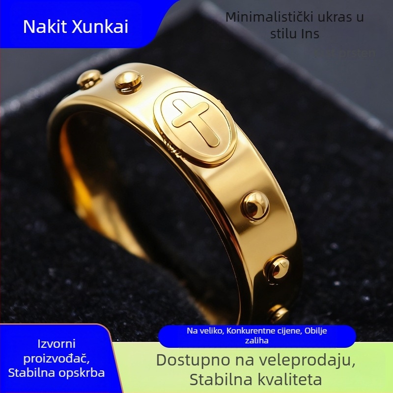 Prsten s križem od titan čelika, 18K pozlata, unisex geometrijski stil