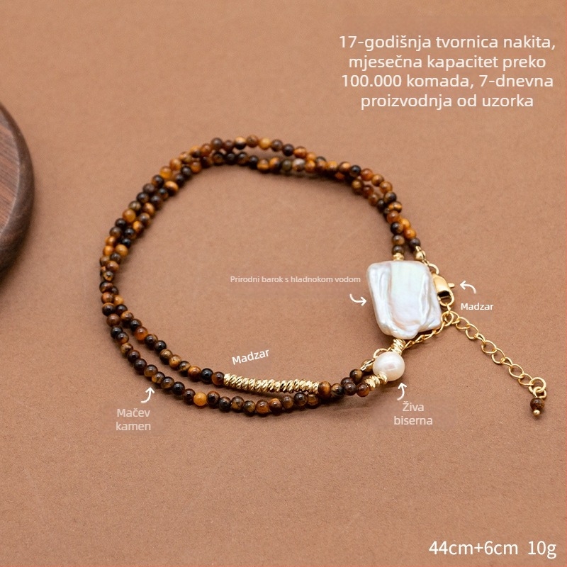 Ogrlica od tigrovog oka s baroknim perlama — geometrijski oblik; materijal: tigrovo oko; privjesak: barokne perle; duljina: 41–50 cm; lanac: običan.