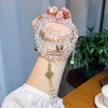 Narukvica od prirodnog kristalnog perlica, 108 Buddha perli, srebrni detalji 925, višeslojni dizajn