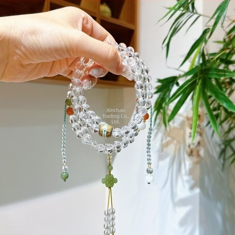 Narukvica od prirodnog kristalnog perlica, 108 Buddha perli, srebrni detalji 925, višeslojni dizajn