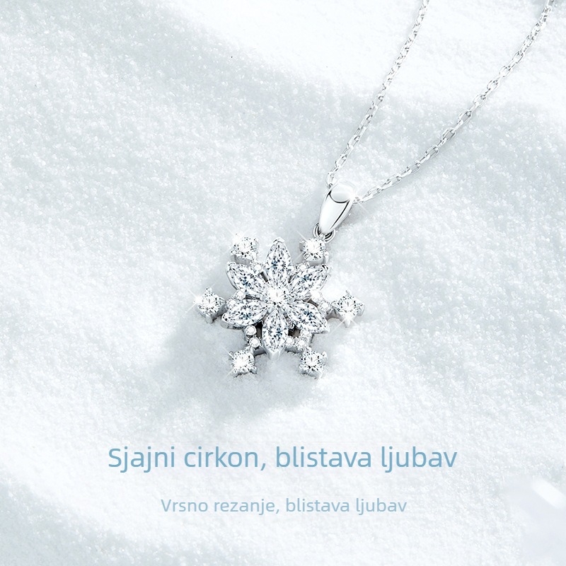 Ogrlica od srebra S925 s rotirajućom pahuljom, ugravirani cirkoni, lanac s križnim uzorkom, duljina 41–50 cm, 2,8 g, ženski modni komad