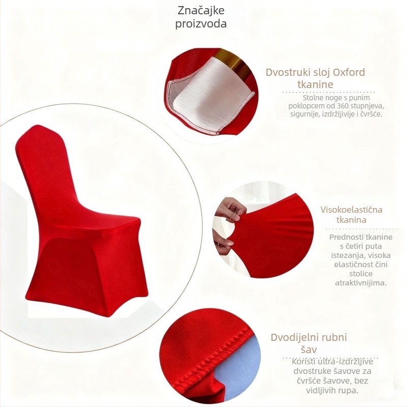 Navlaka za stolicu – Debele elastične Oxford tkanine; za hotelske stolove, bankete i vjenčanje; univerzalna navlaka za restorane i stolove za objedavanje. Materijal: 95% poliester + 5% spandex; Kategorija: Navlaka za stolicu; Stil: Hotel; Kutija: 80 komada