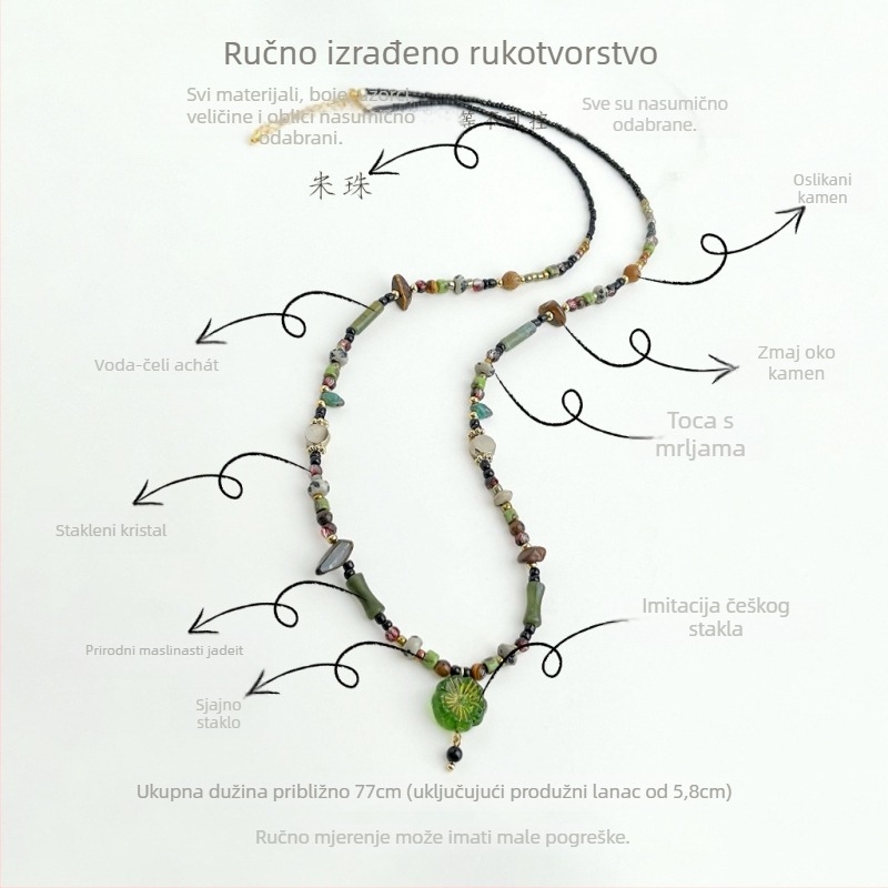 Ogrlica: tigrovo oko kamen, staklo kristal i prirodni kamen; privjesak od imitacije češkog stakla; oblik: cvjetni i geometrijski oblici; duljina lanca 71–80 cm; ručna izrada.