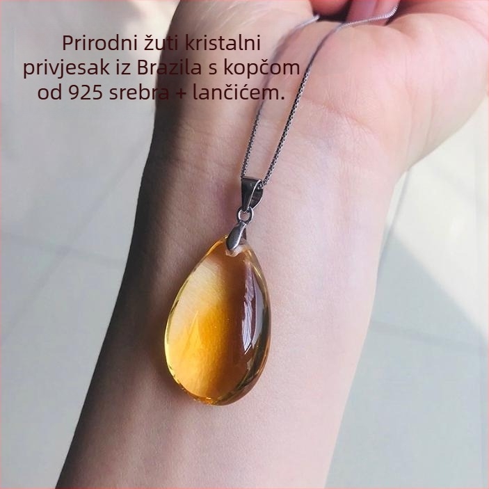 Viseći privjesak u obliku kapljice vode od prirodnog žutog kristala, za muškarce i žene, sa srebrnim lancem