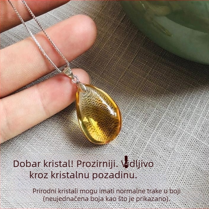 Viseći privjesak u obliku kapljice vode od prirodnog žutog kristala, za muškarce i žene, sa srebrnim lancem