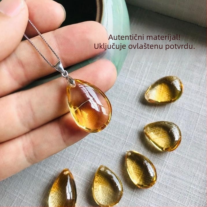 Viseći privjesak u obliku kapljice vode od prirodnog žutog kristala, za muškarce i žene, sa srebrnim lancem