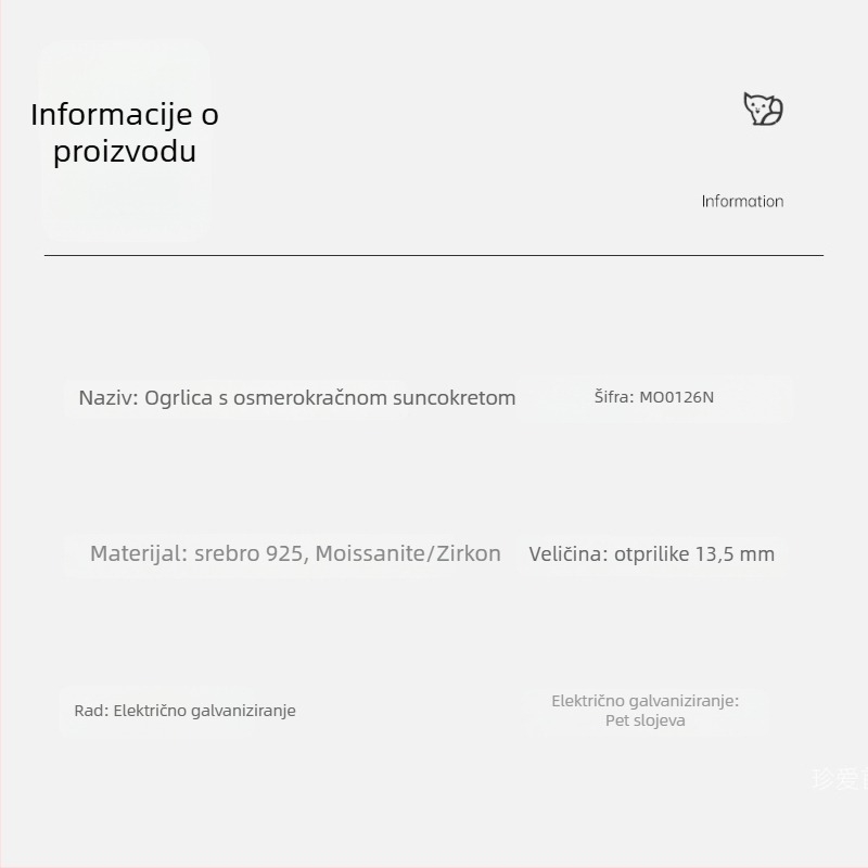 Ogrlica od 925 srebra s Moissanitom, privjesak osmerolistog suncokreta, O-lanac, podesiva duljina 21–50 cm