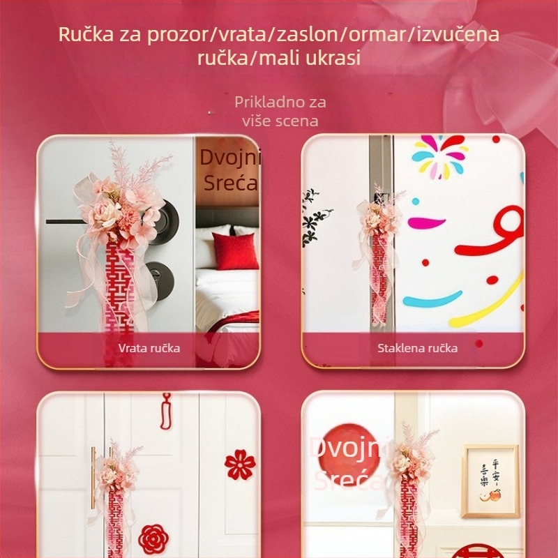 Set za uređenje svatbenog prostora: vunena girlanda s natpisom Dvostruka sreća, držači zavjesa za dnevni boravak i spavaću sobu