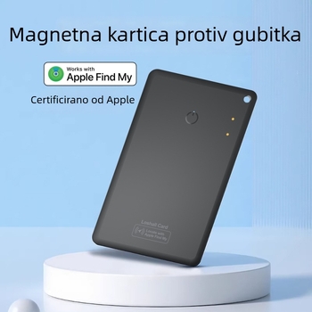 Card‑type iOS lokator s magnetskom anti‑loss funkcijom, za novčanik i putovnicu; globalno precizno lociranje, dimenzije 86×54×2,43 mm, težina 18,2 g
