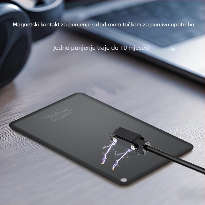 Card‑type iOS lokator s magnetskom anti‑loss funkcijom, za novčanik i putovnicu; globalno precizno lociranje, dimenzije 86×54×2,43 mm, težina 18,2 g