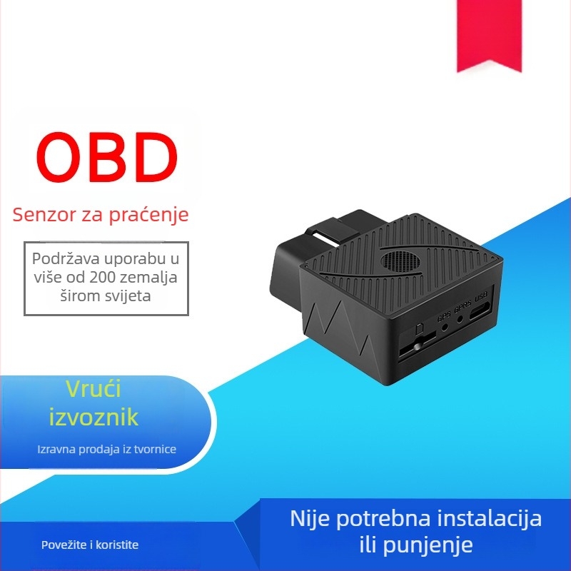 Automobilski GPS tracker s OBD, točnost GPS 3–30 m, dimenzije 51×46×23 mm, memorija 30 MB, kartno zumiranje, režimi alarma: vibracija, prekid napajanja, mobilni alarm, zaštita, prekoračenje brzine