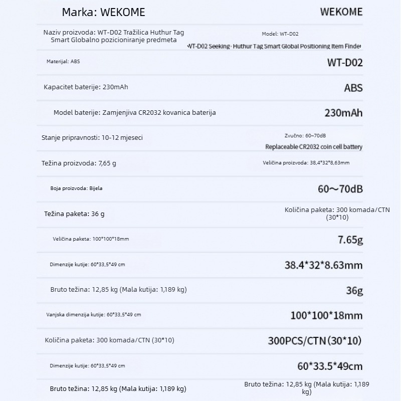 WEKOME WT-D02 Anti-Lost lokator za iOS – baterija 230 mAh, ABS kućište, 7,65 g, USB 2.0 sučelje