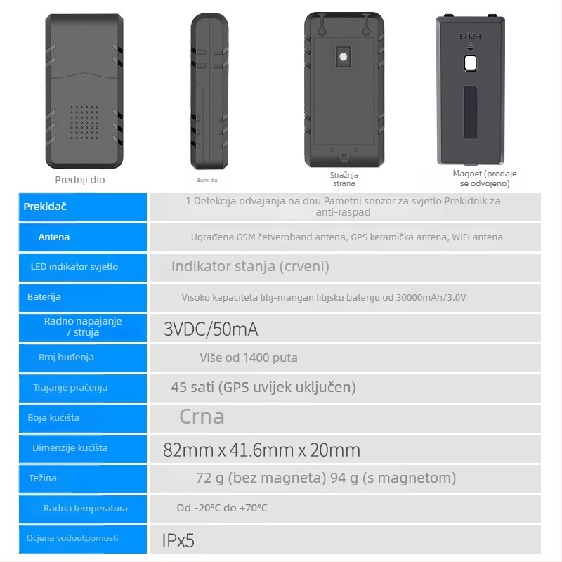 GPS lokator sa snažnim magnetom, instalacija bez ugradnje, anti‑krađa uređaj i bežični trajni tracker — model TQ744, GPS točnost 10 m, alarm o ogradi, IPx5 vodootpornost, memorija 32+32