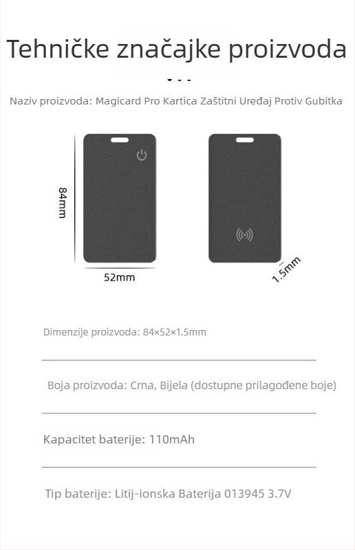 Find My Kartica za novčanik – lokator protiv gubitka s NFC i bežičnim punjenjem (kompatibilno s iOS-om, NFC, bežično punjenje, težina 10 g)