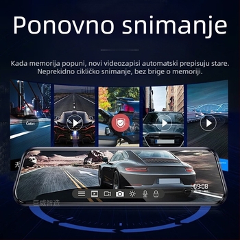 Automobilski retrovizor DVR s dvostrukom kamerom naprijed-nazad, dodirni zaslon, 1296P, 140°, otvor blende F2.0