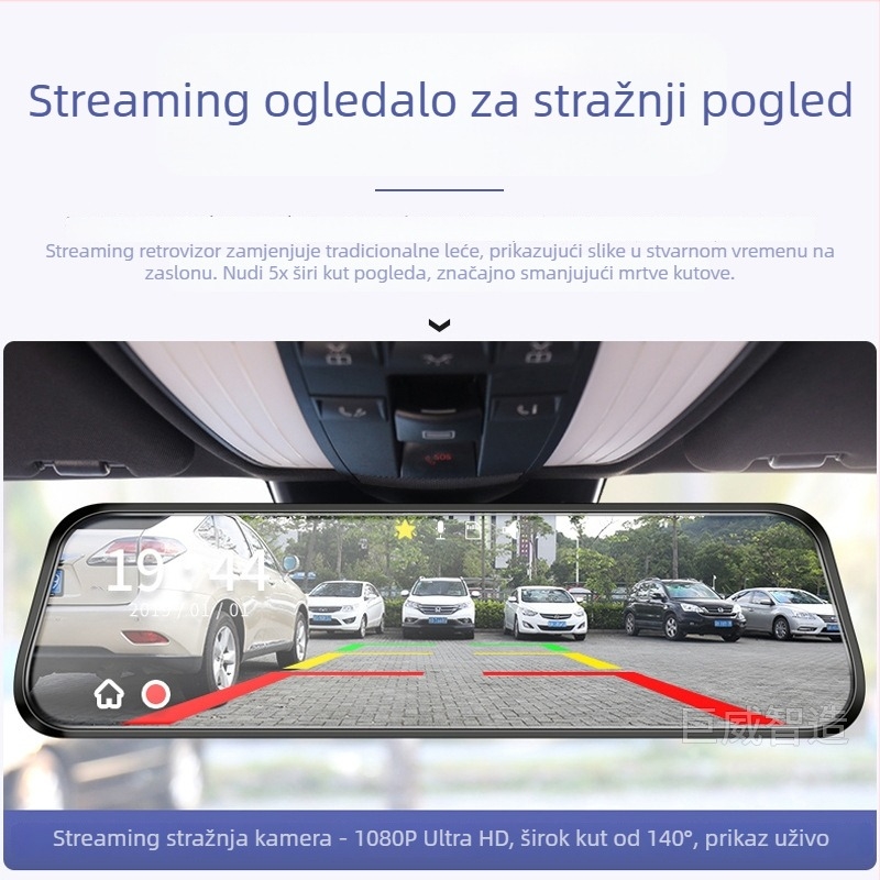 Automobilski retrovizor DVR s dvostrukom kamerom naprijed-nazad, dodirni zaslon, 1296P, 140°, otvor blende F2.0