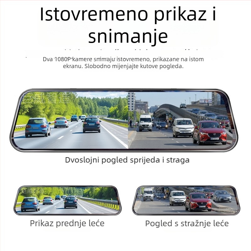 Automobilski retrovizor DVR s dvostrukom kamerom naprijed-nazad, dodirni zaslon, 1296P, 140°, otvor blende F2.0
