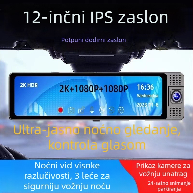 12-inčni ogledalo stražnjeg pogleda s 3 lećama: prednja, stražnja i unutarnja, HD noćni prikaz, snimanje tijekom vožnje