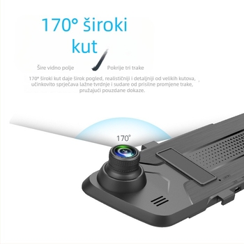 Dvostruki objektiv dash cam u retrovizoru, 170° širokog kuta, 12MP senzor, kružno snimanje, podržava TF karticu do 32GB, USB/HDMI/AV, napajanje 12–24V