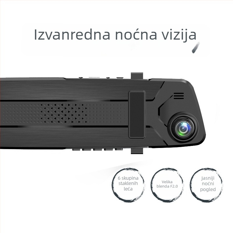 Dvostruki objektiv dash cam u retrovizoru, 170° širokog kuta, 12MP senzor, kružno snimanje, podržava TF karticu do 32GB, USB/HDMI/AV, napajanje 12–24V