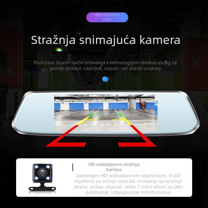Auto ogledalo dash cam s prednjom i stražnjom dvostrukom lećom, 1080p HD noćno snimanje, DVR