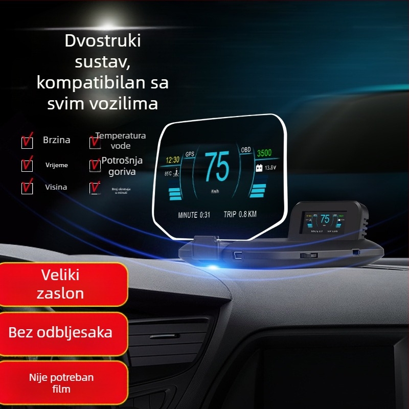 C1 HUD zaslon za automobil s oglednom projekcijom, HD, bez dvostrukog prikaza, univerzalna kompatibilnost