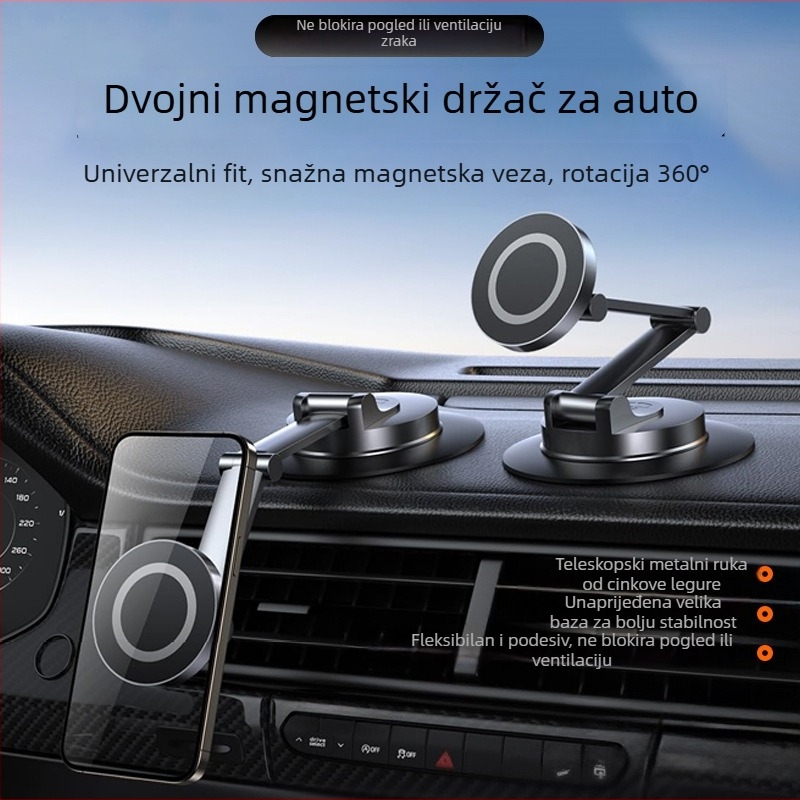 Držač za automobil od legure s magnetnim 360° rotacijom, dvostruko sklopivi držač za telefon i navigaciju na središnjoj konzoli