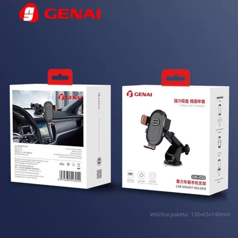 GN-Z03 Gravitativni držač za auto, aluminijska konstrukcija, snažna vakuumska čašica, 360° rotacija, horizontalna i vertikalna upotreba