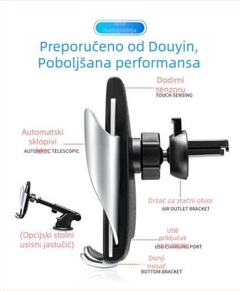S5 držač za mobitel u automobilu s bežičnim punjenjem 10W, infracrveni senzor, nosač na otvor ventilacije