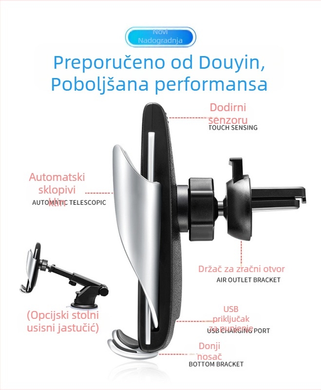 S5 držač za mobitel u automobilu s bežičnim punjenjem 10W, infracrveni senzor, nosač na otvor ventilacije