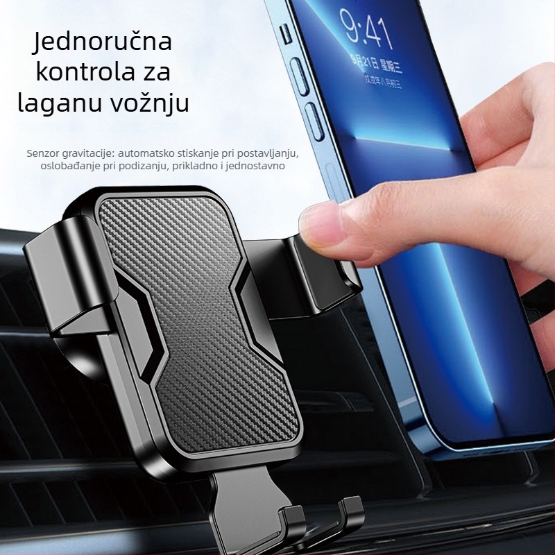 Držač za mobitel u automobilu s gravitacijskim mehanizmom, klipsa za ventilaciju, kožna tekstura površine, plastično kućište