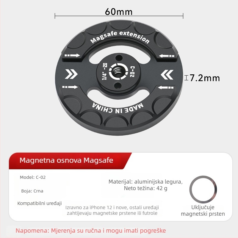 Držač za telefon u autu – MagSafe magnetska baza, univerzalni 1/4-inčni otvor za vijak, aluminijska legura, dvostruko hladno postolje