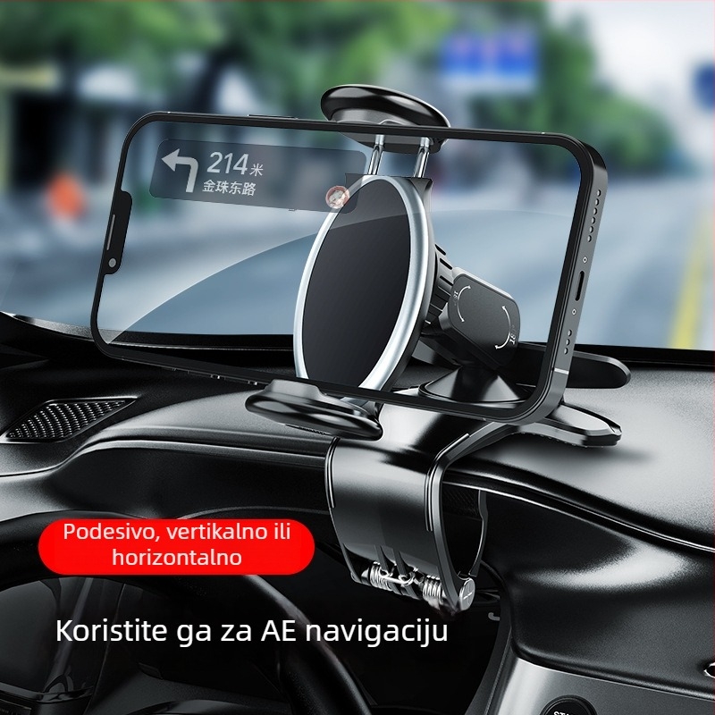 Automobilski držač za telefon s HUD vizualnom podrškom; ABS + silikon + hardver; univerzalna kompatibilnost; podrška prilagodbi; pogodan za instrument ploču, vizir i retrovizor.