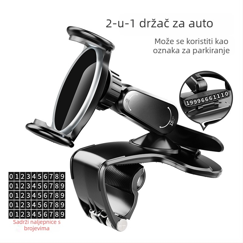 Automobilski držač za telefon s HUD vizualnom podrškom; ABS + silikon + hardver; univerzalna kompatibilnost; podrška prilagodbi; pogodan za instrument ploču, vizir i retrovizor.