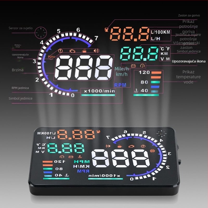 Auto HUD zaslon modelu A8, kompatibilan s OBD2, metalno kućište, napajanje preko OBD sučelja, težina 322 g