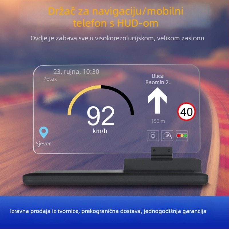 Držač za mobitel u autu s HUD projekcijom i GPS navigacijom – ljepilo montiranje na prednje staklo, 7,5W, kompatibilan s većinom automobila