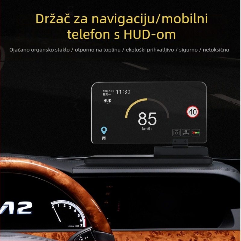 Držač za mobitel u autu s HUD projekcijom i GPS navigacijom – ljepilo montiranje na prednje staklo, 7,5W, kompatibilan s većinom automobila