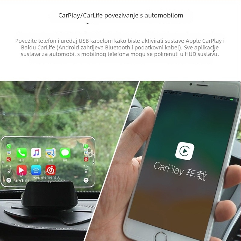 Set HUD dodatne opreme s CarPlay kompatibilnošću, OBD kabelom, daljinskim upravljačem i temeljem za ugradnju