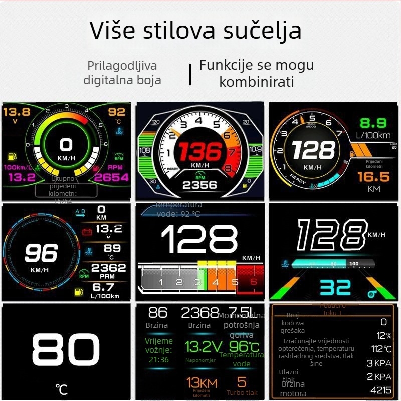 OBD Head-Up zaslon s tachometrom, temperaturom ulja i vode, LCD 480p, model XAS-K10, napajanje preko OBD