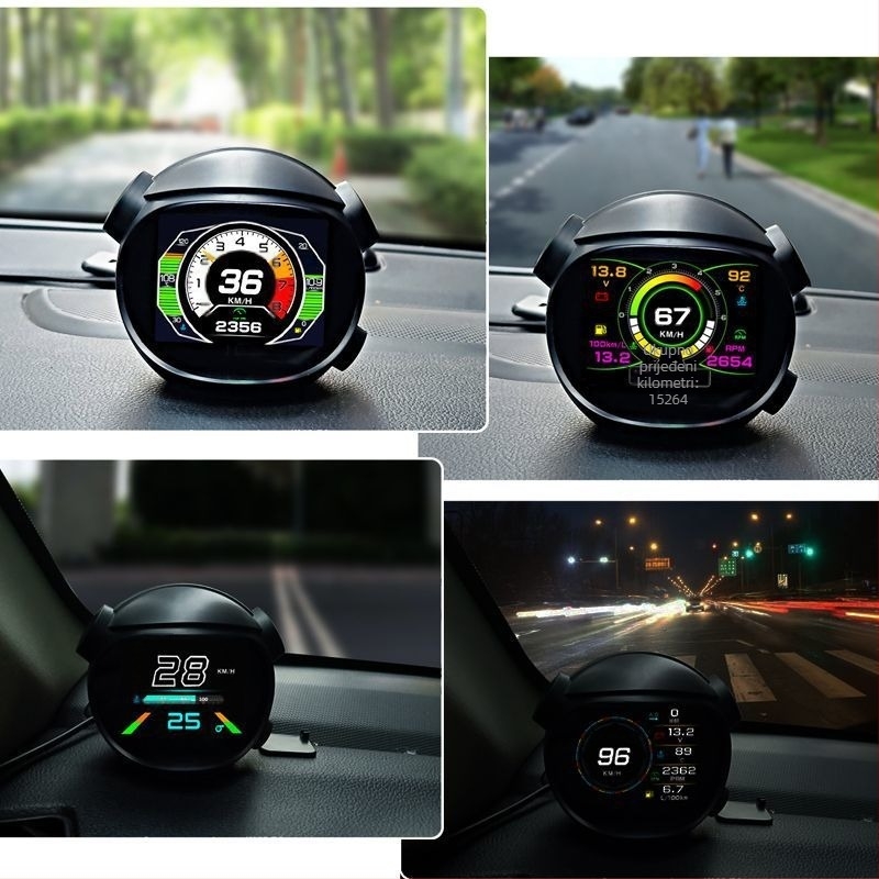 OBD Head-Up zaslon s tachometrom, temperaturom ulja i vode, LCD 480p, model XAS-K10, napajanje preko OBD