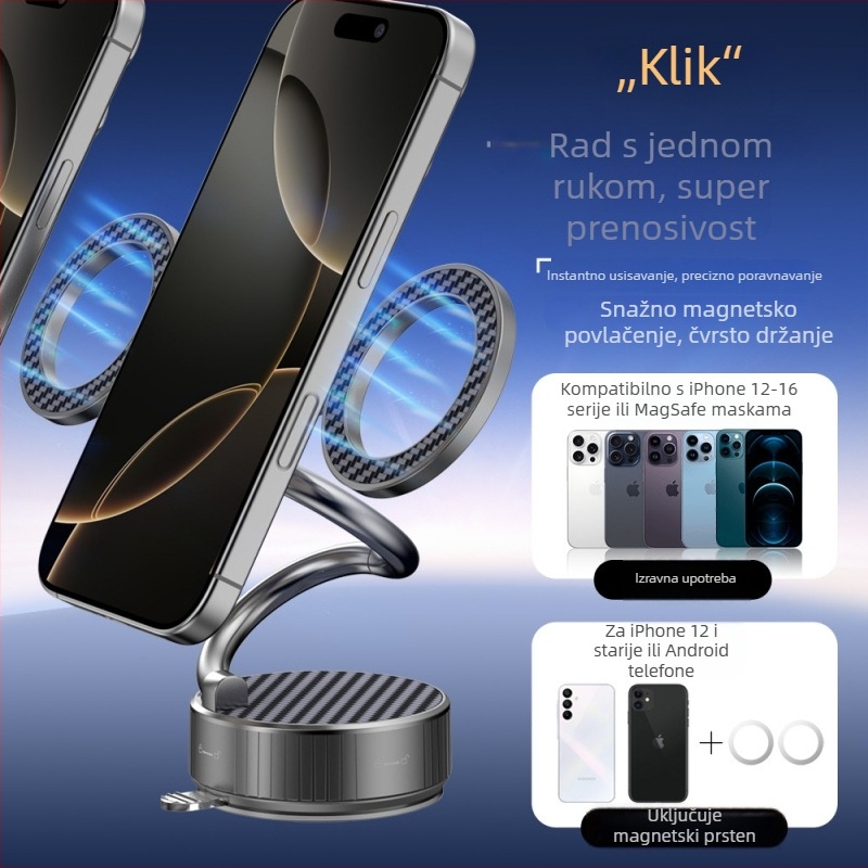 Dualni magnetski držač za auto za telefon, sklopivi, podesivi, rotirajući, metalna konstrukcija, MagSafe kompatibilan
