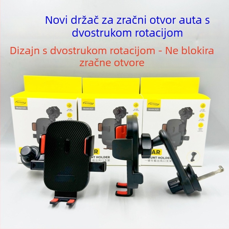 Auto nosač za otvor zraka s dvostrukim rotacijskim produženjem, kompatibilan s navigacijom, 360° rotacija, plastika